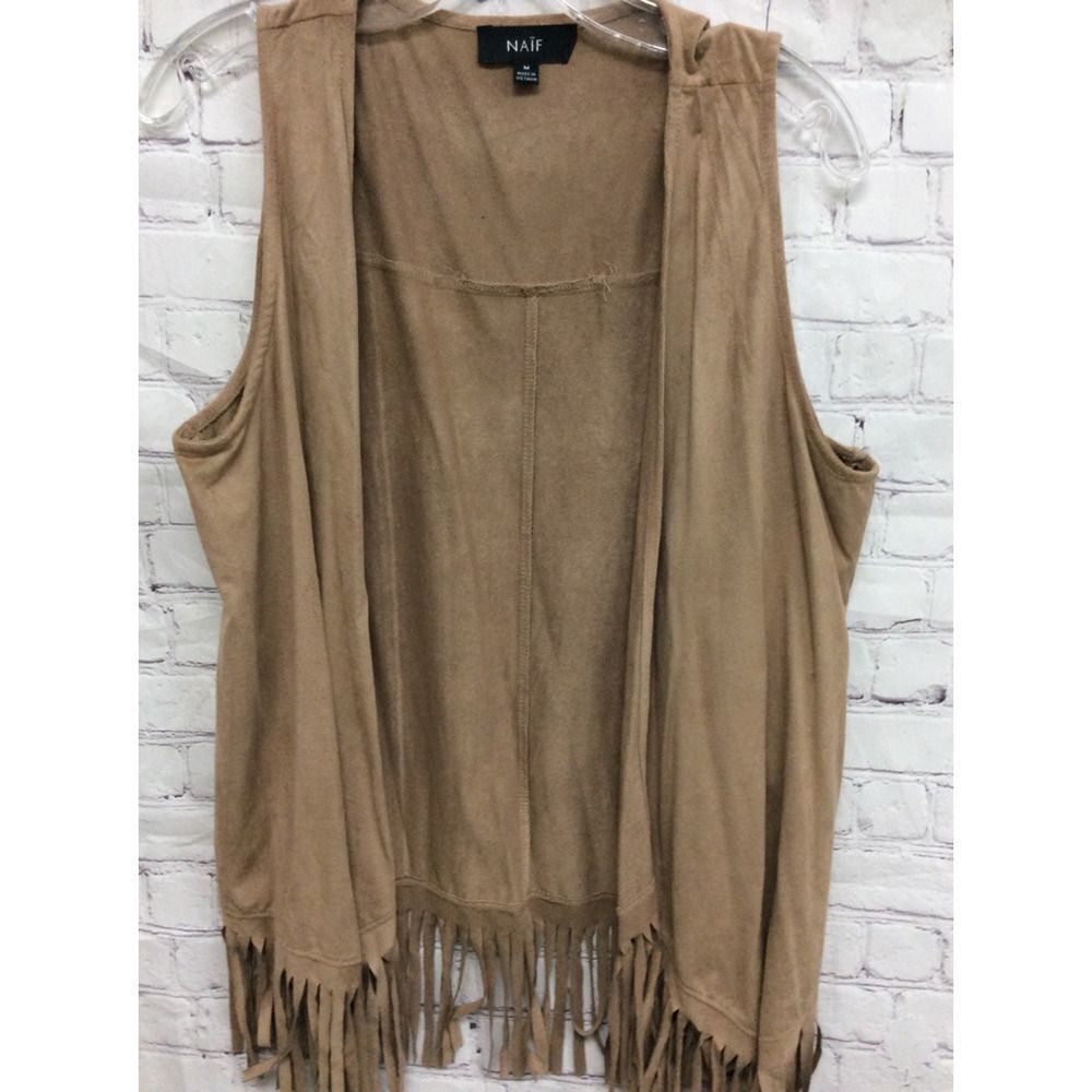 Naif Womens Cardigan Sweater Brown Sleeveless Open Front Fringe Stretch S